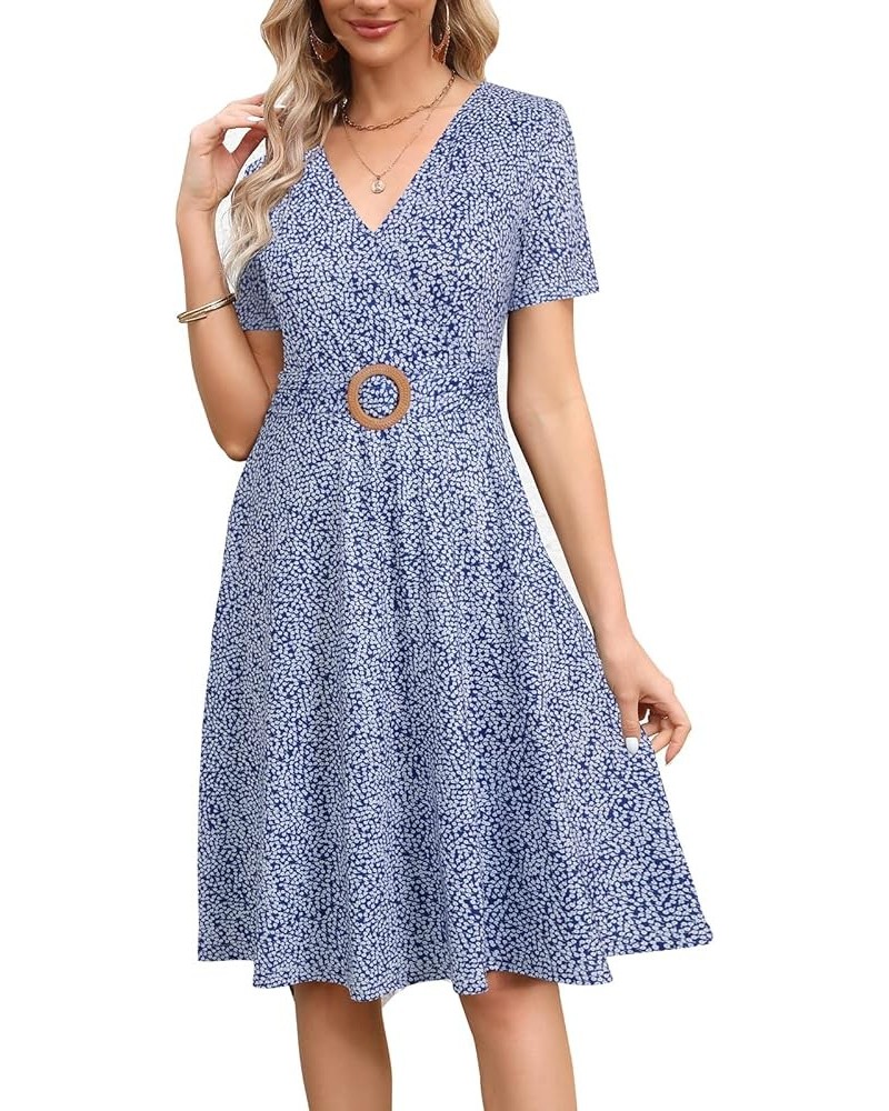 Women's Elegant Criss-Cross V Neck Vintage Short Sleeve Work Casual Fit and Flare Tea Dress with Pockets 980 Royal-white $21....