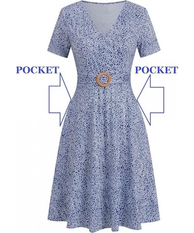 Women's Elegant Criss-Cross V Neck Vintage Short Sleeve Work Casual Fit and Flare Tea Dress with Pockets 980 Royal-white $21....