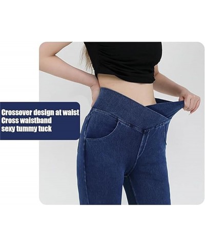 High Waisted Crossover Stretch Knit Wide Leg Denim Flare Jegging, Slim High Waist Blue Denim Pencil Pants Dark Blue $12.40 Jeans