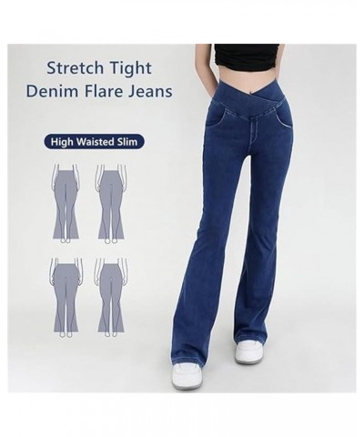 High Waisted Crossover Stretch Knit Wide Leg Denim Flare Jegging, Slim High Waist Blue Denim Pencil Pants Dark Blue $12.40 Jeans