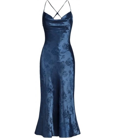 Women's Spaghetti Strap Cowl Neck Long Slip Satin Silk Midi Dress Deep Blue $19.27 Lingerie