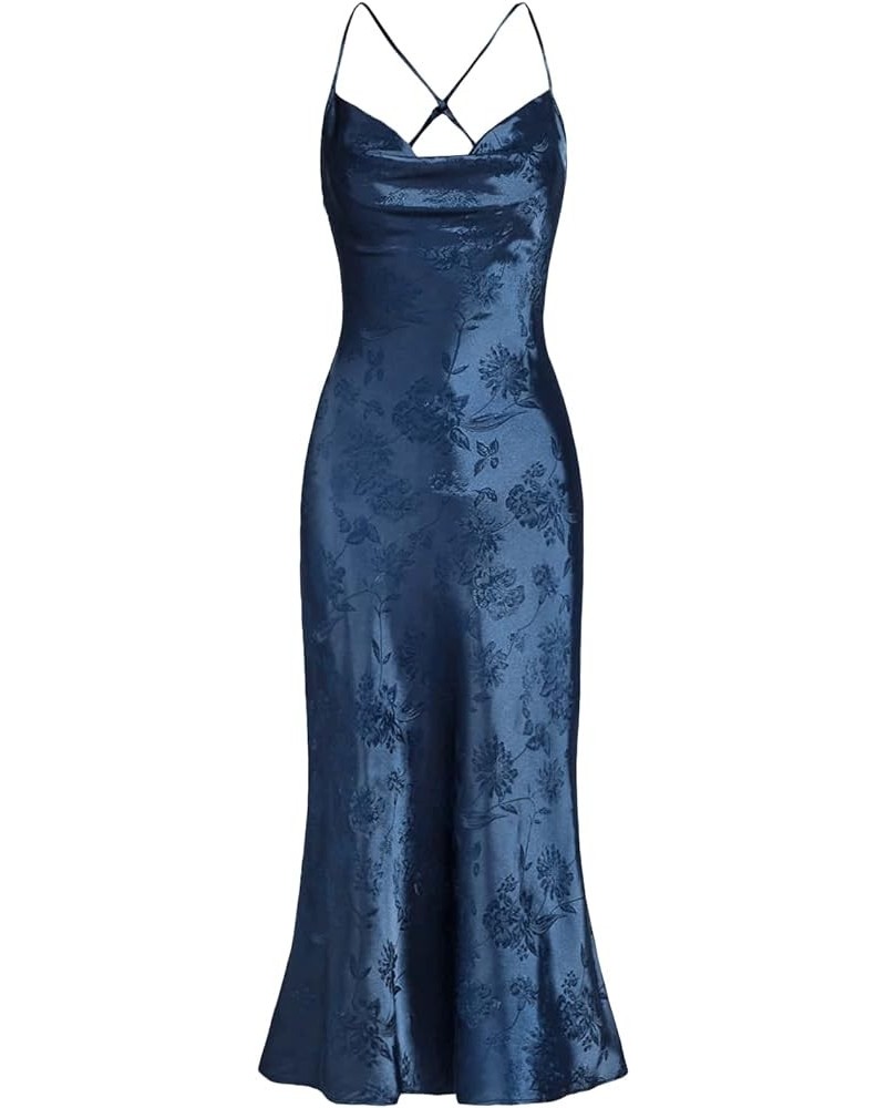 Women's Spaghetti Strap Cowl Neck Long Slip Satin Silk Midi Dress Deep Blue $19.27 Lingerie