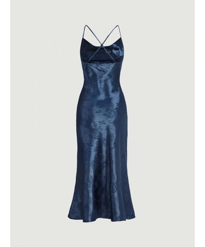 Women's Spaghetti Strap Cowl Neck Long Slip Satin Silk Midi Dress Deep Blue $19.27 Lingerie