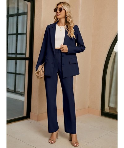 2 Piece Outfits for Women Dressy Blazer Jackets High Waisted Straight Leg Pants Suits Set Business Casual Office Navy Blue $3...