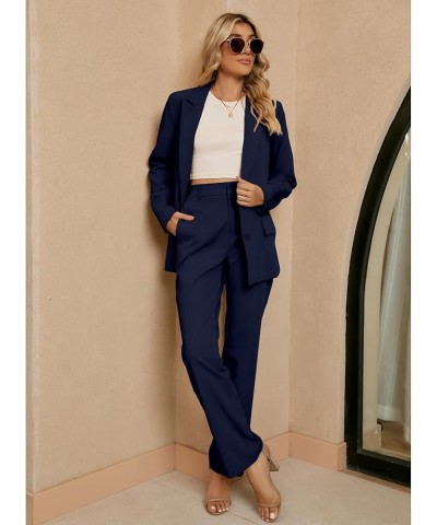 2 Piece Outfits for Women Dressy Blazer Jackets High Waisted Straight Leg Pants Suits Set Business Casual Office Navy Blue $3...