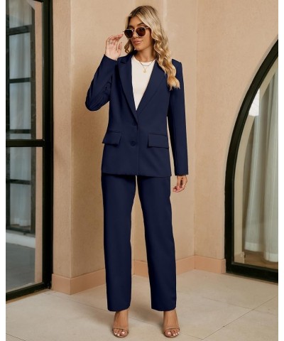 2 Piece Outfits for Women Dressy Blazer Jackets High Waisted Straight Leg Pants Suits Set Business Casual Office Navy Blue $3...