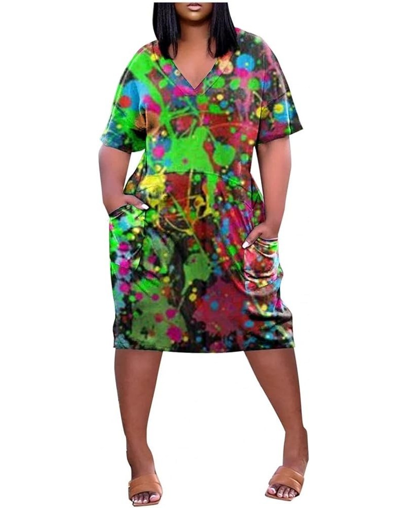 Womens Spring Fashion 2023 Dresses, Women's Summer Plus Size V-Neck Short Sleeve Knee Pocket Printed Casual Dress 11-green $1...