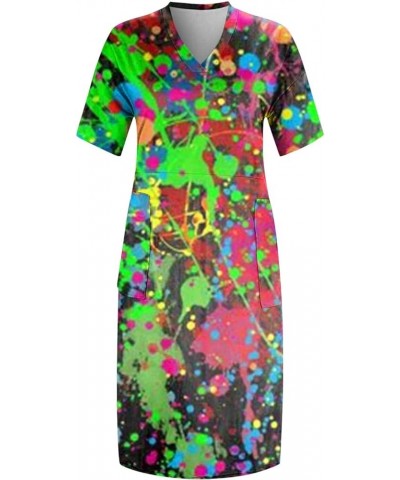 Womens Spring Fashion 2023 Dresses, Women's Summer Plus Size V-Neck Short Sleeve Knee Pocket Printed Casual Dress 11-green $1...