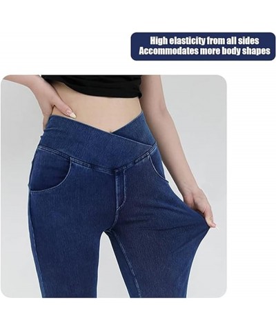 High Waisted Crossover Stretch Knit Wide Leg Denim Flare Jegging, Slim High Waist Blue Denim Pencil Pants Dark Blue $12.40 Jeans