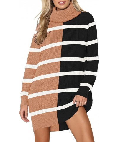 Women's 2023 Oversized Sweater Dresses with Pockets Turtleneck Long Sleeve Ribbed Pullover Knit Stripe Tops Beige Black Color...