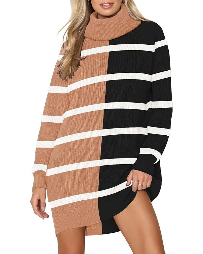 Women's 2023 Oversized Sweater Dresses with Pockets Turtleneck Long Sleeve Ribbed Pullover Knit Stripe Tops Beige Black Color...