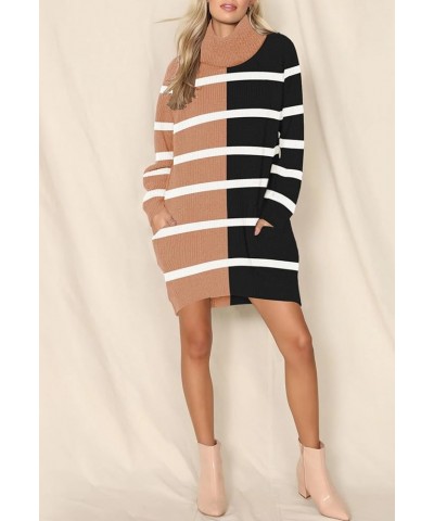 Women's 2023 Oversized Sweater Dresses with Pockets Turtleneck Long Sleeve Ribbed Pullover Knit Stripe Tops Beige Black Color...