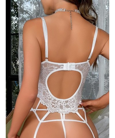 Women's Floral Lace Mesh Lingerie Set Teddy Babydoll Bodysuit with Garter Belts Panty Pure White $10.50 Lingerie