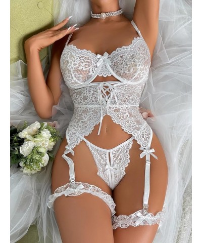 Women's Floral Lace Mesh Lingerie Set Teddy Babydoll Bodysuit with Garter Belts Panty Pure White $10.50 Lingerie