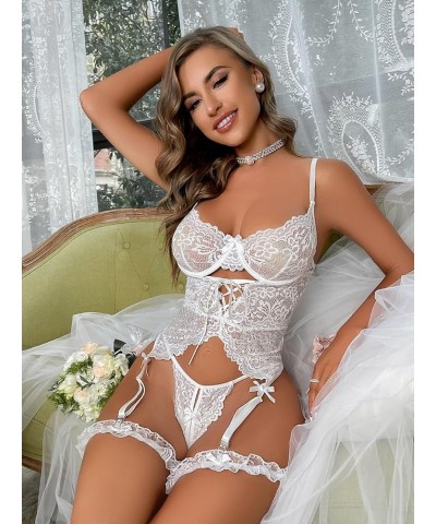 Women's Floral Lace Mesh Lingerie Set Teddy Babydoll Bodysuit with Garter Belts Panty Pure White $10.50 Lingerie