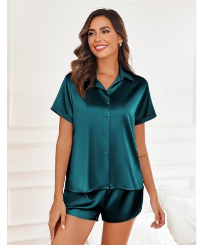 Silk Pajamas for Women Short Sleeve Satin Pajama Set 2 Piece Button Down Loungewear S-XXL Dark Green $15.47 Sleep & Lounge