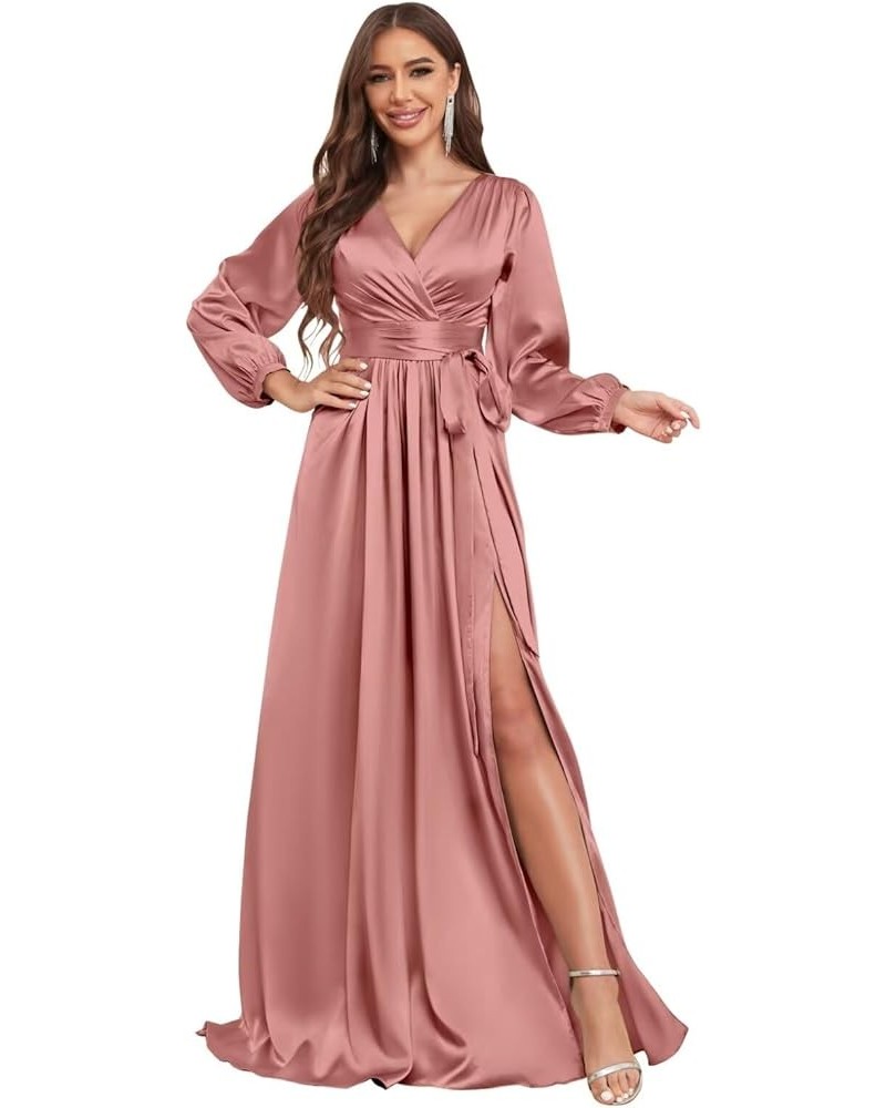 Long Sleeve Satin Bridesmaid Dresses for Wedding V Neck Formal Evening Dress with Slit Dusty Rose $41.24 Dresses