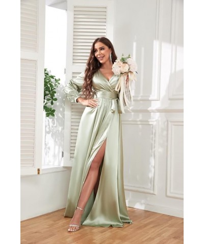 Long Sleeve Satin Bridesmaid Dresses for Wedding V Neck Formal Evening Dress with Slit Dusty Rose $41.24 Dresses