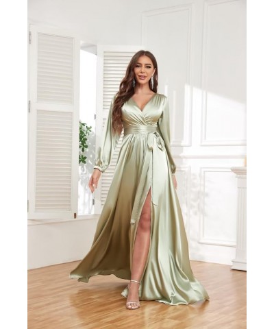 Long Sleeve Satin Bridesmaid Dresses for Wedding V Neck Formal Evening Dress with Slit Dusty Rose $41.24 Dresses