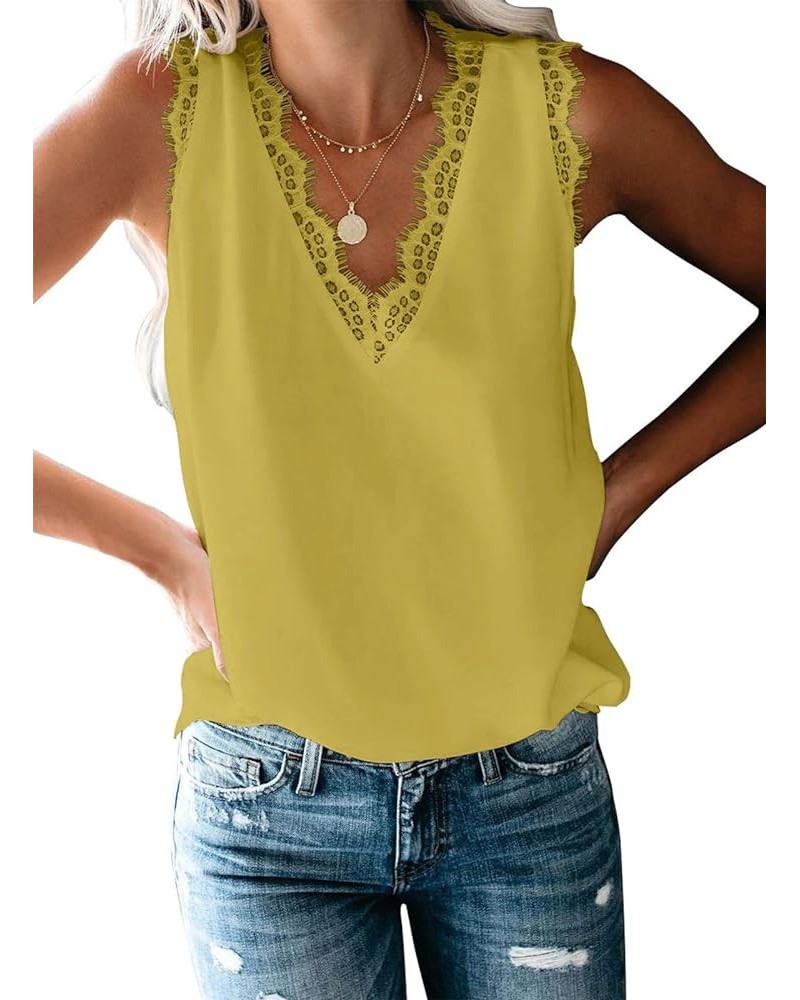 Women Ladies Sexy V Neck Lace Trim Tank Tops Dressy Camisole Casual Loose Sleeveless Chiffon Blouse Shirts Mustard Yellow $11...