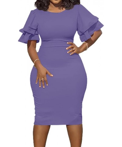 Women Elegant Midi Pencil Dress Ruffle Sleeve Round Neck Bodycon Cocktail Party Formal Dress Purple $17.60 Dresses