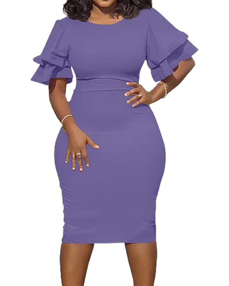 Women Elegant Midi Pencil Dress Ruffle Sleeve Round Neck Bodycon Cocktail Party Formal Dress Purple $17.60 Dresses