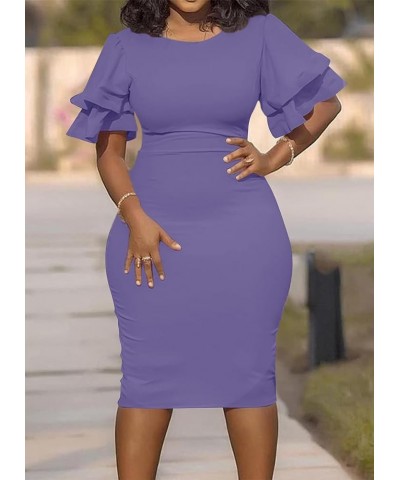 Women Elegant Midi Pencil Dress Ruffle Sleeve Round Neck Bodycon Cocktail Party Formal Dress Purple $17.60 Dresses