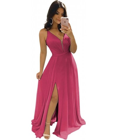 V Neck Bridesmaid Dresses for Women with Slit Chiffon Long Spaghetti Straps Pleated Formal Prom Dress Fuchsia $23.65 Dresses