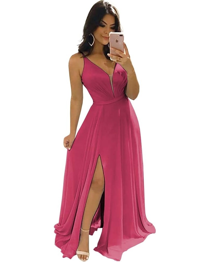 V Neck Bridesmaid Dresses for Women with Slit Chiffon Long Spaghetti Straps Pleated Formal Prom Dress Fuchsia $23.65 Dresses