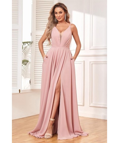 V Neck Bridesmaid Dresses for Women with Slit Chiffon Long Spaghetti Straps Pleated Formal Prom Dress Fuchsia $23.65 Dresses