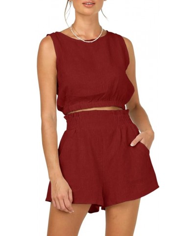 Women's 2pcs Summer Outfits Sleeveless Crop Tank Top and High Waist Pocketed Shorts Loose 2 Piece Short Sets A Wine Red $17.4...