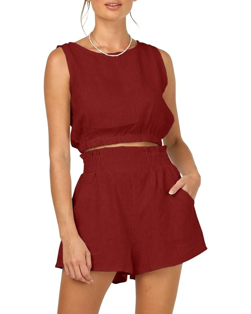 Women's 2pcs Summer Outfits Sleeveless Crop Tank Top and High Waist Pocketed Shorts Loose 2 Piece Short Sets A Wine Red $17.4...