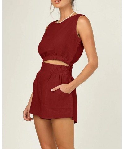 Women's 2pcs Summer Outfits Sleeveless Crop Tank Top and High Waist Pocketed Shorts Loose 2 Piece Short Sets A Wine Red $17.4...