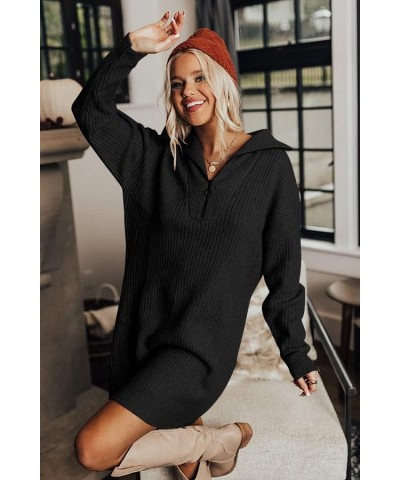 Women's Casual Zip Up Lantern Long Sleeve Knit Sweater Dress Foldover Collar Loose Ribbed Pullover Jumper Sweaters Black $21....