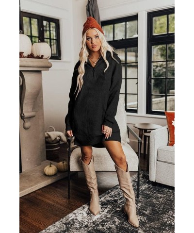 Women's Casual Zip Up Lantern Long Sleeve Knit Sweater Dress Foldover Collar Loose Ribbed Pullover Jumper Sweaters Black $21....