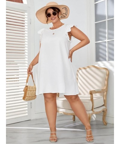 Women's Plus Size Ruffle Cap Sleeve Round Neck Dress Summer Tunic Dresses White $15.48 Dresses