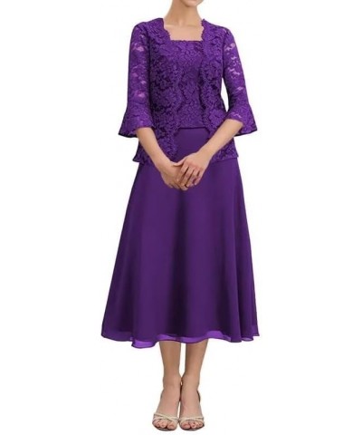 Tea Length Mother of The Bride Dresses with Jacket Lace Chiffon Formal Dress for Wedding Guest Purple $32.17 Dresses