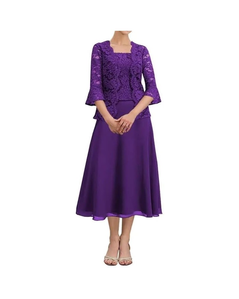 Tea Length Mother of The Bride Dresses with Jacket Lace Chiffon Formal Dress for Wedding Guest Purple $32.17 Dresses