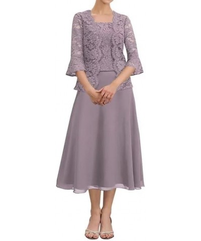 Tea Length Mother of The Bride Dresses with Jacket Lace Chiffon Formal Dress for Wedding Guest Purple $32.17 Dresses