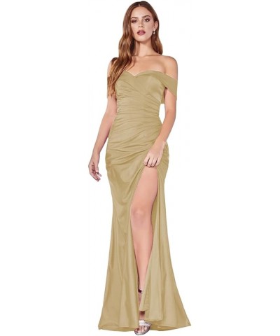 Women's Off Shoulder Prom Dresses Long Satin Mermaid Bridesmaid Dress Evening Party Gown with Slit Champagne $31.98 Dresses