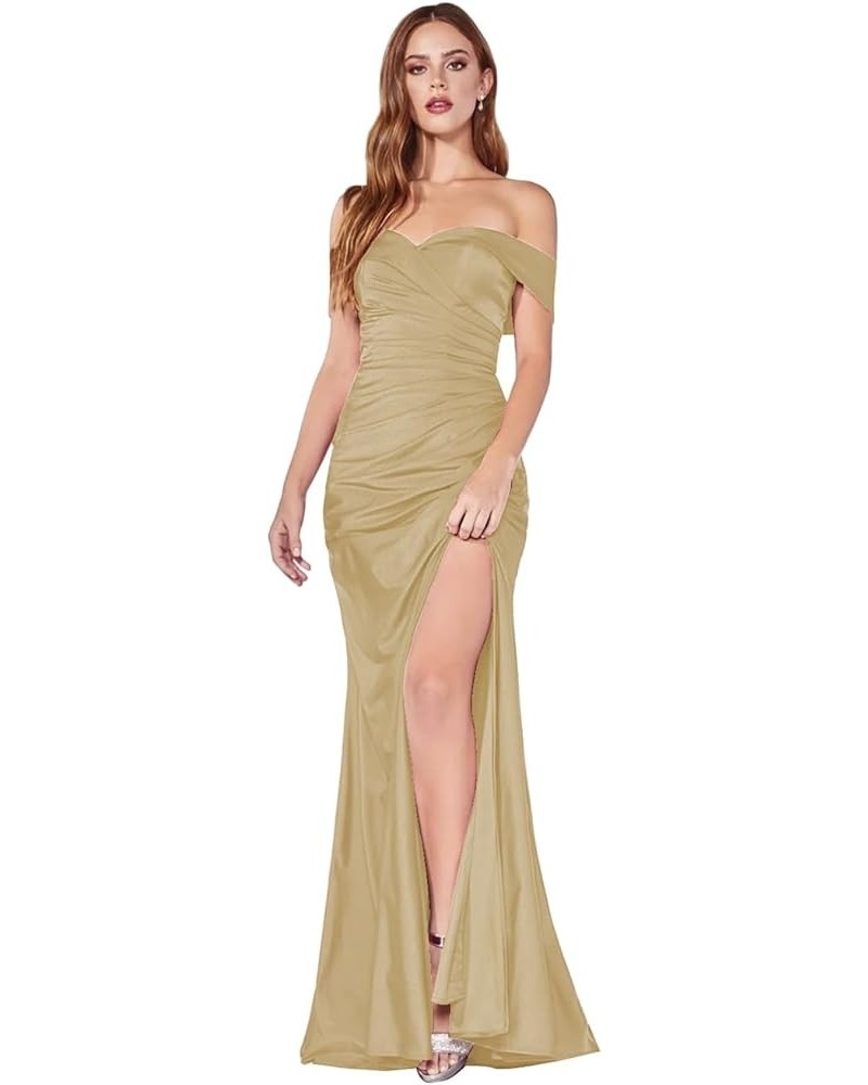 Women's Off Shoulder Prom Dresses Long Satin Mermaid Bridesmaid Dress Evening Party Gown with Slit Champagne $31.98 Dresses