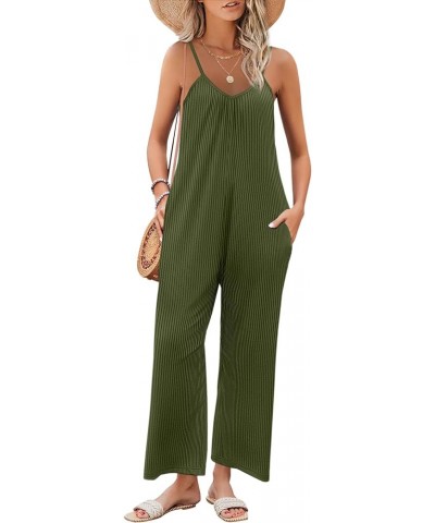 Women Sleeveless Jumpsuits Knit Ribbed Adjustable Spaghetti Strap Loose Long Pants Romper with Pockets Army Green $10.80 Jump...