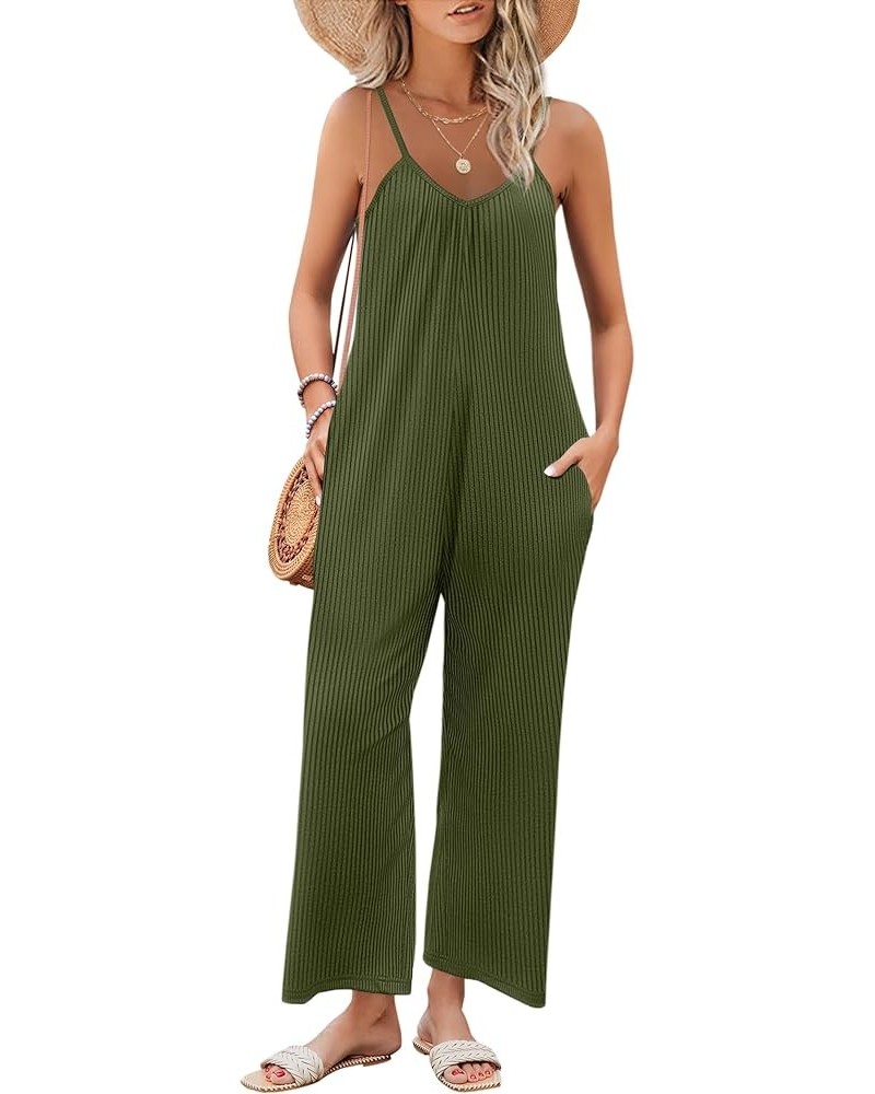 Women Sleeveless Jumpsuits Knit Ribbed Adjustable Spaghetti Strap Loose Long Pants Romper with Pockets Army Green $10.80 Jump...