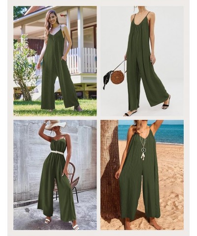 Women Sleeveless Jumpsuits Knit Ribbed Adjustable Spaghetti Strap Loose Long Pants Romper with Pockets Army Green $10.80 Jump...