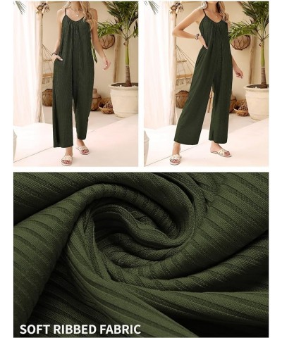 Women Sleeveless Jumpsuits Knit Ribbed Adjustable Spaghetti Strap Loose Long Pants Romper with Pockets Army Green $10.80 Jump...