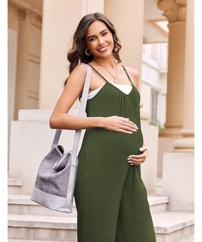 Women Sleeveless Jumpsuits Knit Ribbed Adjustable Spaghetti Strap Loose Long Pants Romper with Pockets Army Green $10.80 Jump...