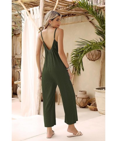 Women Sleeveless Jumpsuits Knit Ribbed Adjustable Spaghetti Strap Loose Long Pants Romper with Pockets Army Green $10.80 Jump...