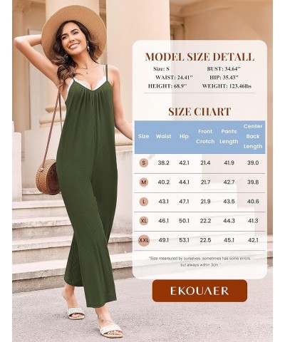 Women Sleeveless Jumpsuits Knit Ribbed Adjustable Spaghetti Strap Loose Long Pants Romper with Pockets Army Green $10.80 Jump...