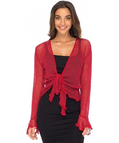 Womens Sheer Shrug Bolero Long Sleeves Cropped Cardigan Lite Bell Sleeves Red $16.21 Sweaters