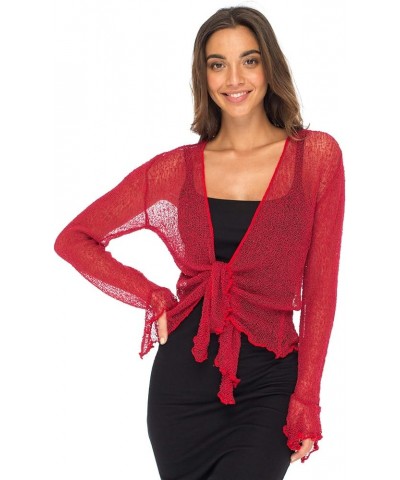 Womens Sheer Shrug Bolero Long Sleeves Cropped Cardigan Lite Bell Sleeves Red $16.21 Sweaters